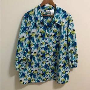 Just My Size Top Blouse Shirt Plus Size 4X Blue Green Button Down Print Mature